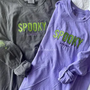 Embroidered Spooky Season LONG SLEEVE SHIRT, Halloween Shirt, Embroidered Sleeve