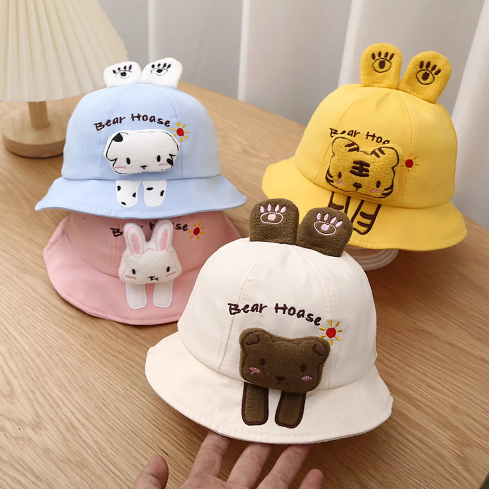 Infant Boys Girls Fisherman Hat 3D Plush Cartoon Animal Bear/Dog/Tiger/Rabbit Wide Brim Sun Protection Cap Sunscreen Basin Hats