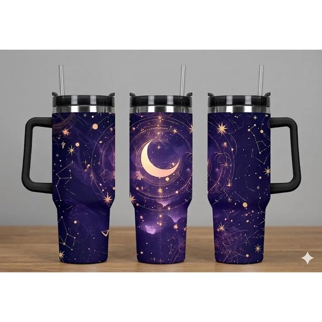 Celestial Moon & Stars 40oz Tumbler – Galaxy Night Sky Aesthetic Cup, Astrology Lover Gift, Cosmic Drinkware with Straw