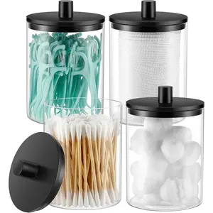 Glass Qtip Holder Dispenser - 10 oz Clear Canister  Jar, Bathroom  Storage Organizer Set for  Swabs, Pads, Floss Picks, Small Containers for Makeup Storage (4 Pack, Black)