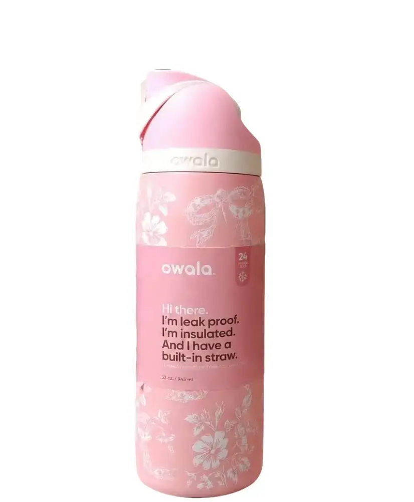 Owala 32oz Soft Pink White Lace Bow Floral  Stylish Insulated Bottle, Pastel Flip Top Leak Proof Cup For Coquette & Office Girls Insulated Water Bottle Button Drinkware, Gift For Her FreeSip Vacuum Insulated Stainless Steel Tumbler