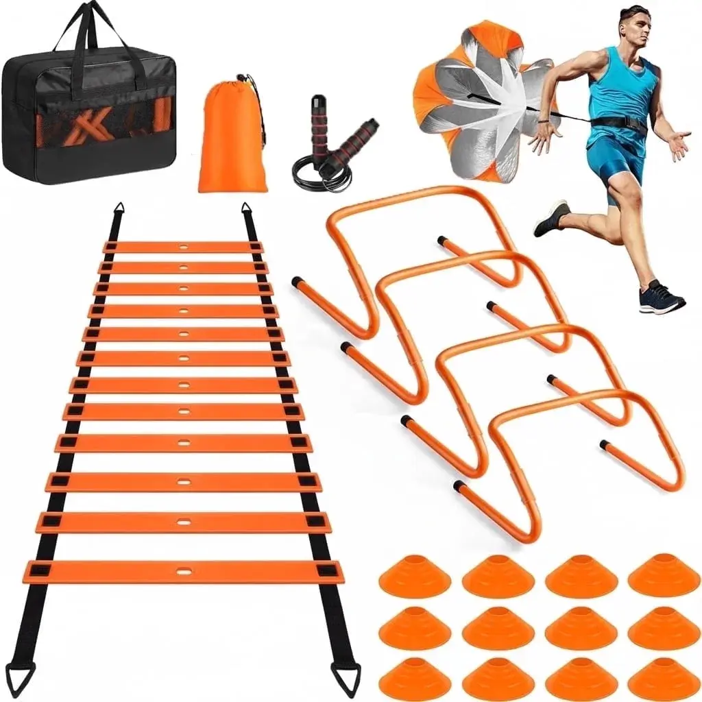 Agility Ladder Speed Training Equipment Set - 20ft Ladder, 12 Soccer Cones, 4 Hurdles, Jump Rope, Running Parachute, Adjustable Fitness Stairs | Kids Basketball/Football Speed Drills Boost Coordination Comprehensive Training Solution