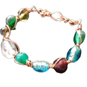 Blown Glass Beaded Copper Wire Wrap Bracelet with Multicolor Beads Secure Clasp Handcrafted for Special Occasions