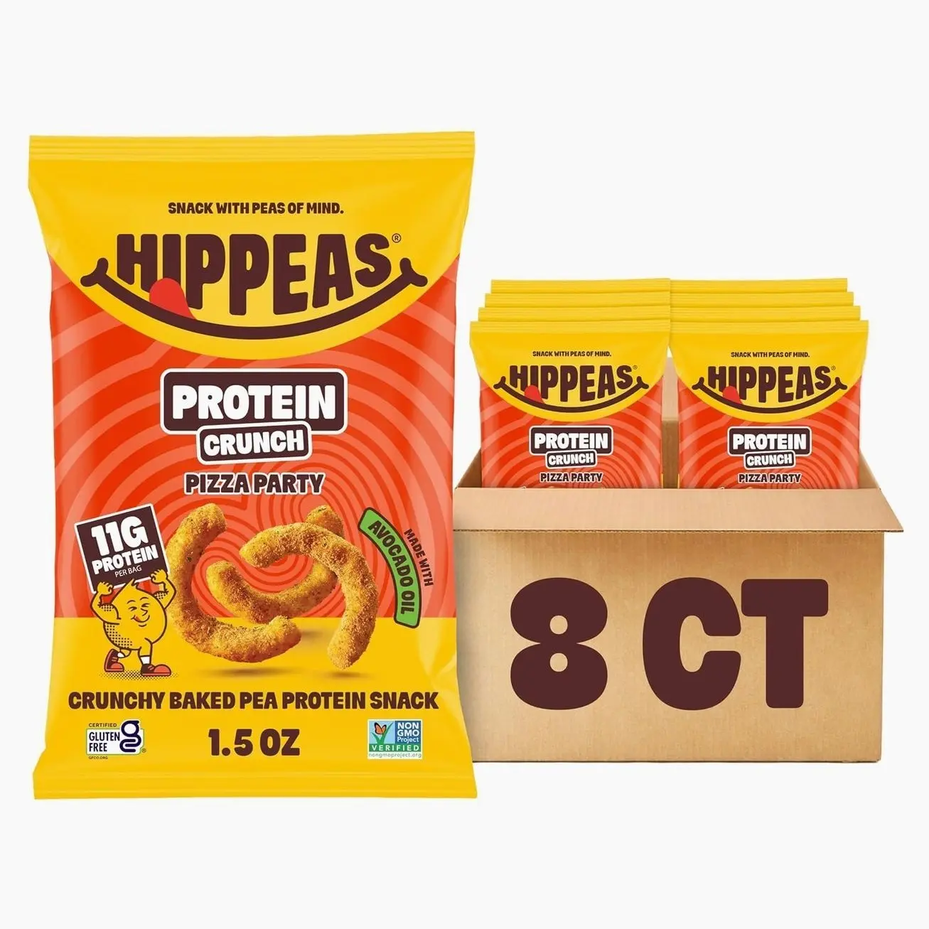 Hippeas Pizza Party Protein Puffs, 8 x 1.5 Oz Bags, Baked Crunchy Pea Puffs with 11g Plant Protein & Avocado Oil, Non-GMO, Kosher, Dairy & Gluten Free, Vegan Snacks, Savory Pizza Flavor