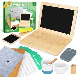 Wooden Pretend Play Home Office Set, 11pcs Office Work Playset for Kids, Includes Wooden Toy Laptop & Phone, Mouse, Cup, Folder, Perfect Birthday Gift for Preschool Toddlers Ages 3+ Years