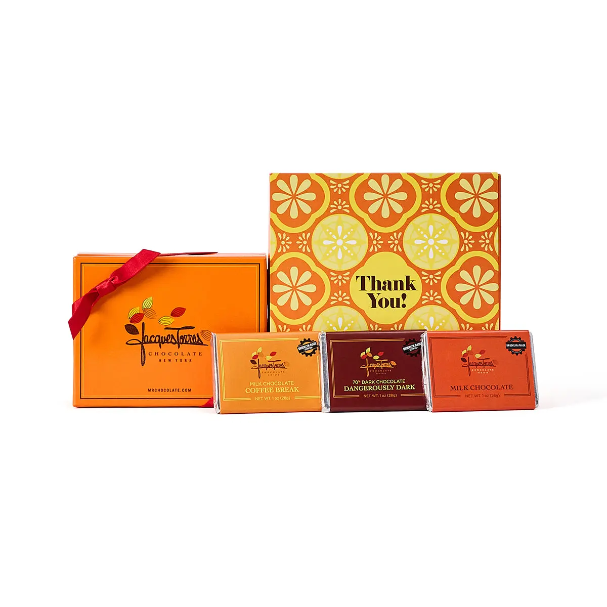 Jacques Torres Chocolate's Thank You Bundle - 16pc Bonbons, Classic Hot Chocolate Bomb, Mini Bars in Dark, Milk, & Coffee - Perfect Gift Set