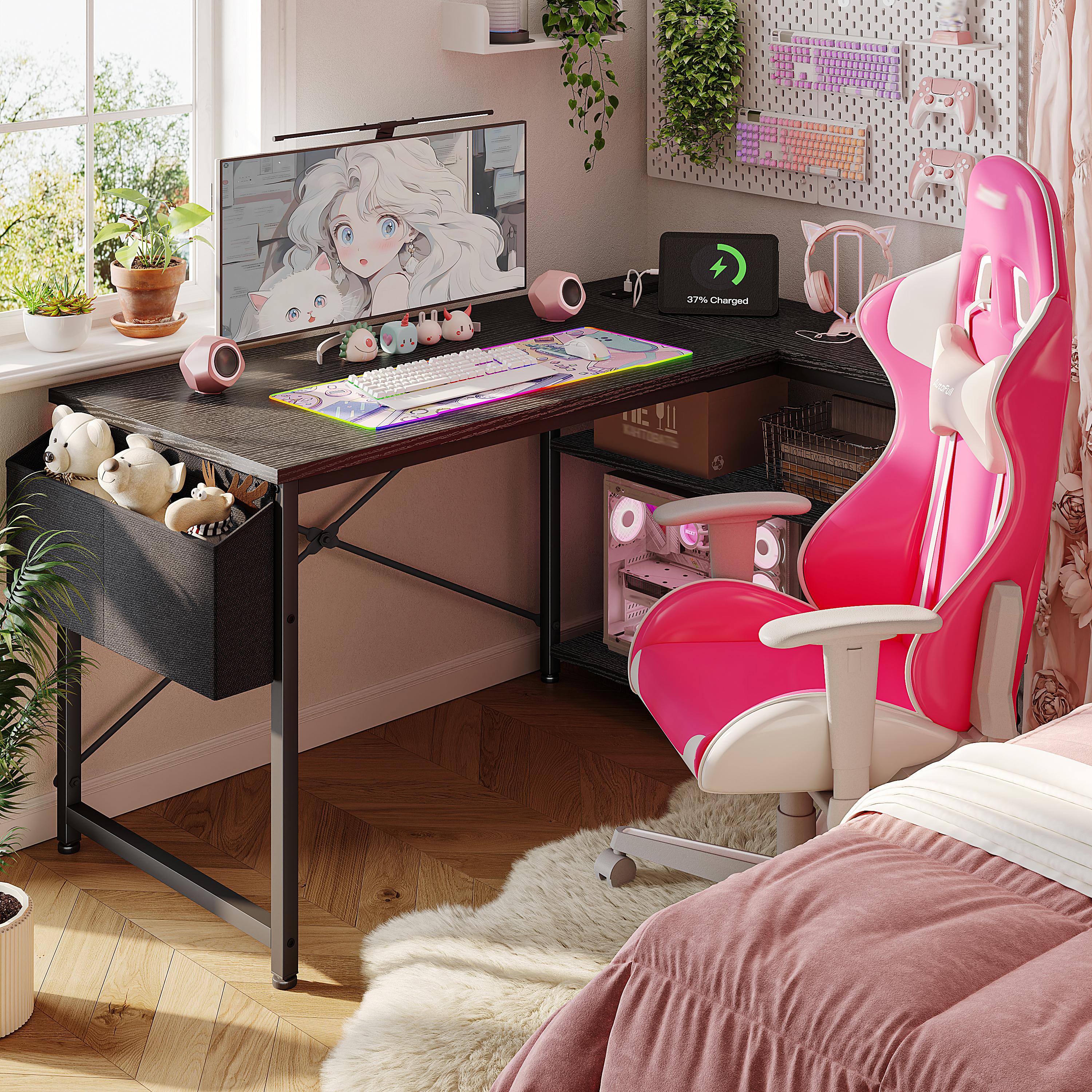 【TiktokshopBlackFriday】Raybee 47‘’ Computer Desk with Power Outlets,L Shaped Gaming Desk with Storage Shelves,Home Office Corner Desk for Work, Study for Bedroom Office Dorm