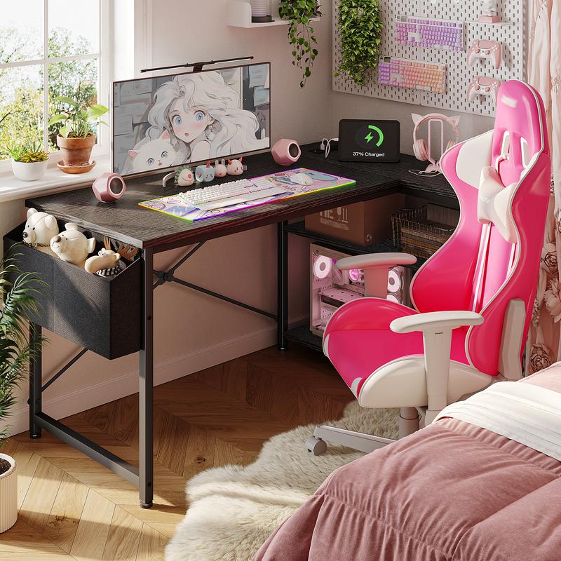 【TiktokshopBlackFriday】Raybee 47‘’ Computer Desk with Power Outlets,L Shaped Gaming Desk with Storage Shelves,Home Office Corner Desk for Work, Study for Bedroom Office Dorm