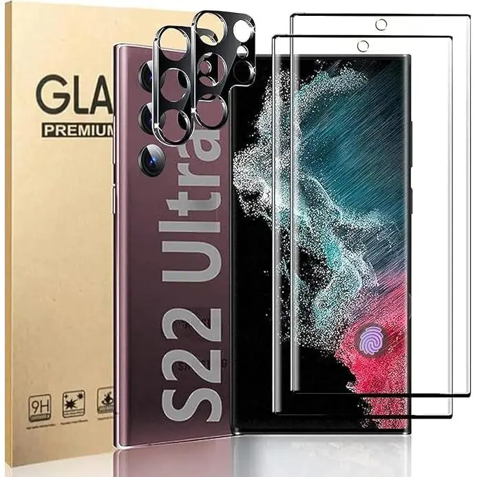 [2+2 Pack] Samsung Galaxy S22 Ultra 5G Tempered Glass Screen Protector & Camera Lens Protector, Smooth Touch Sensitive, Fingerprint Support, 9H Hardness, Scratch Resistant Mobile Phone Accessory