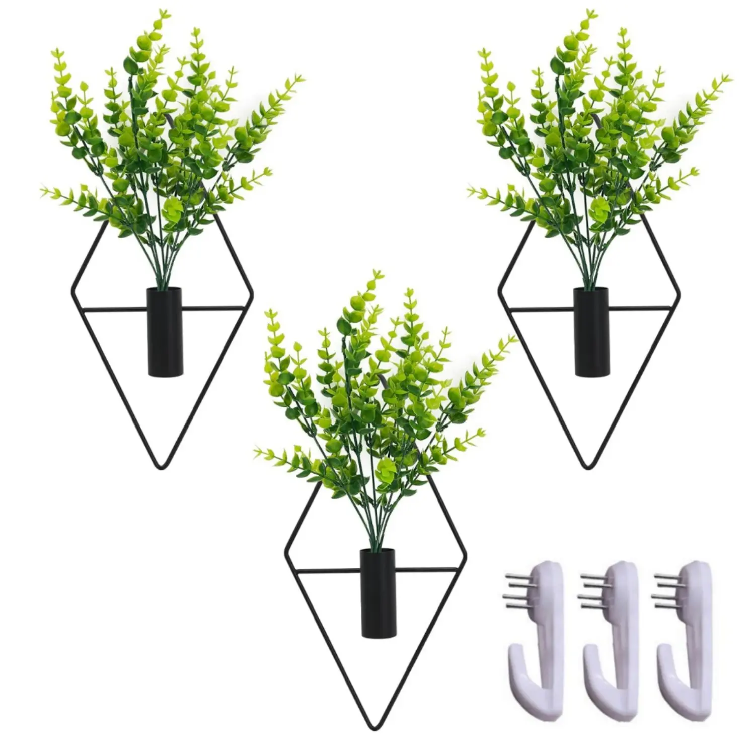 3Pcs Black Iron Geometric Wall Decor Hanging Planters - Metal Vases with Decorative Artificial Eucalyptus, Modern Boho Indoor Wall Art Plant Holders for Bathroom, Bedroom Home Improvement, Gift Option