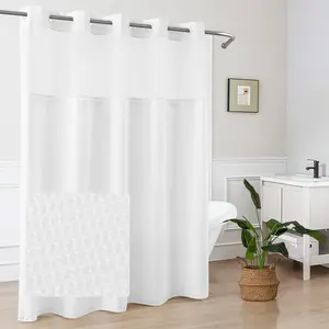No Hook Shower Curtain with Snap-in Liner Less Time On/Off, Embossed Waffle-Look Textured Fabric Shower Curtain for Bathroom Hotel Style, Washable, Soft & Lightweight, 71x74, White