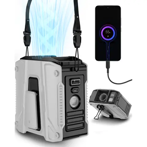 [14500mAh Upgrade] FrSara Waist Cooling Multifunctional Battery Powered Fan - Cordless Rechargeable, Power Bank Built, Metal Clip, 5 Speed, LED Display, LED Light, Lanyard Carry, 5-in-1 Compact Portable (Clip-On/Desktop Use) for Outdoor Work, Heat Relief