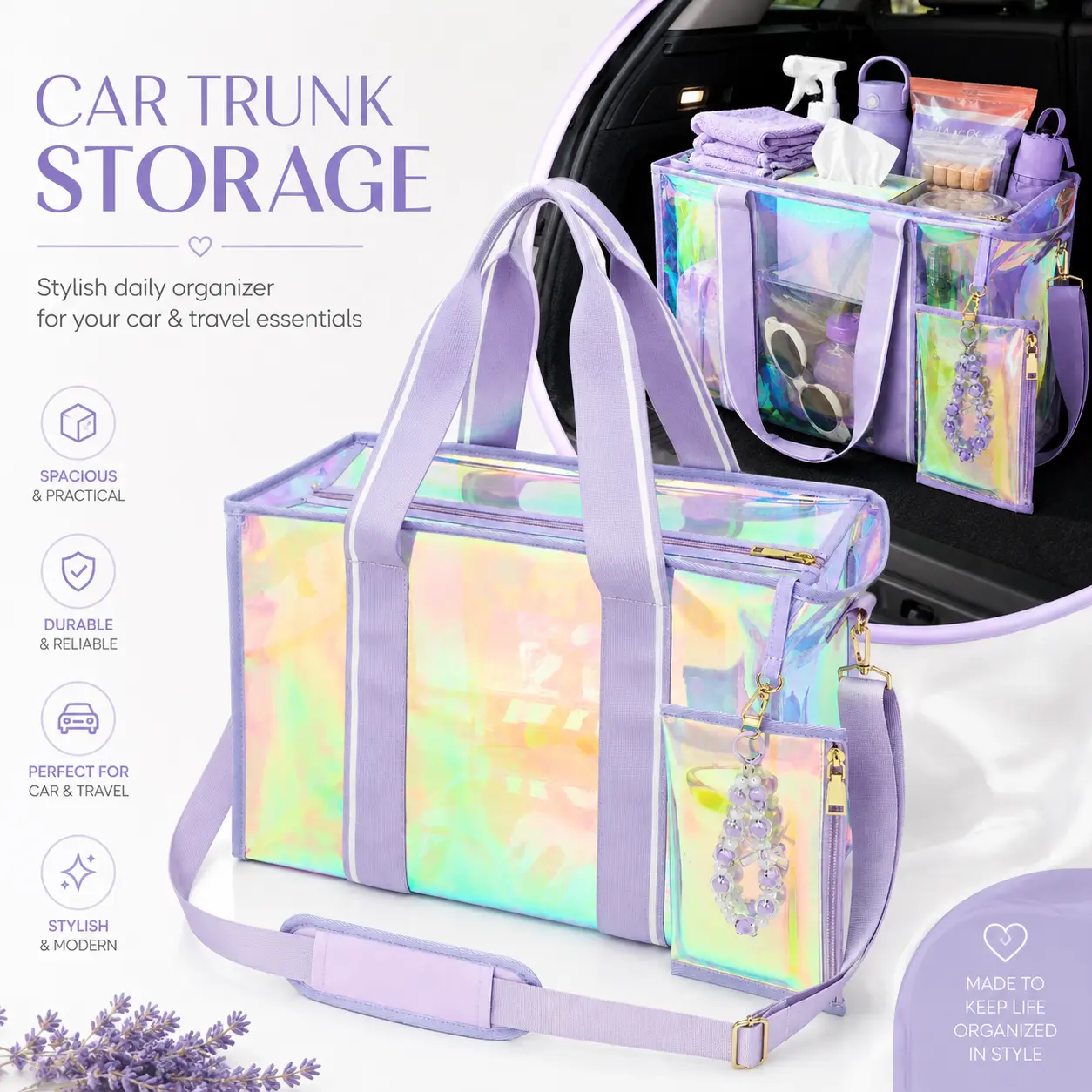Iridescent Car Trunk Organizer Tote Bag, Clear PVC Storage Bag with Phone Pouch, Detachable Shoulder Strap, Water-Resistant Travel Bag for Car, Gym, Beach, Road Trips