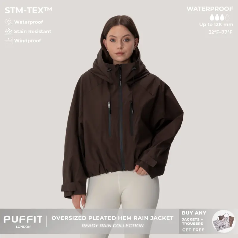 【Restocked】PUFFIT STM-TEX Short One-Size Rain Jacket With Pleated Hem,Hooded Jacket,Waterproof Jacket,Women Jacket,Wide-Brim Hood,Adjustable Cuffs,Zips,Outdoor Sport,Windbreaker,Fall,Winter,Dog Walking,School Running,Stylish,Womenswear,2026 Shopping