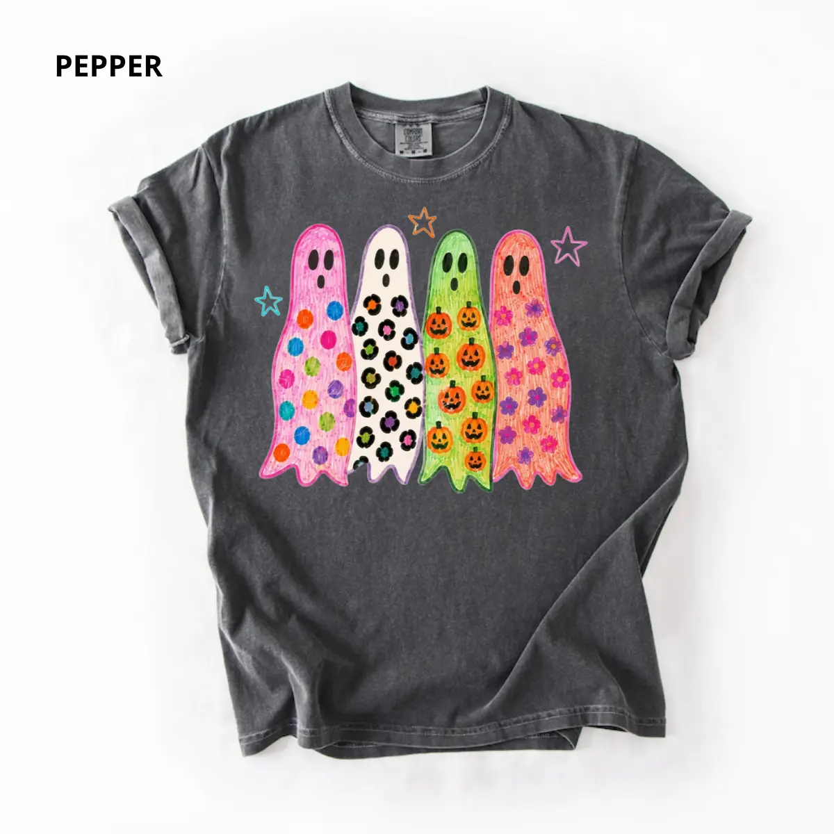 Comfort Colors Preppy Ghost Halloween Shirt, Colorful Leopard Ghost Tee, Coquette Spooky Season T-Shirt, Summerween Graphic Top, Cute Fall Shirt