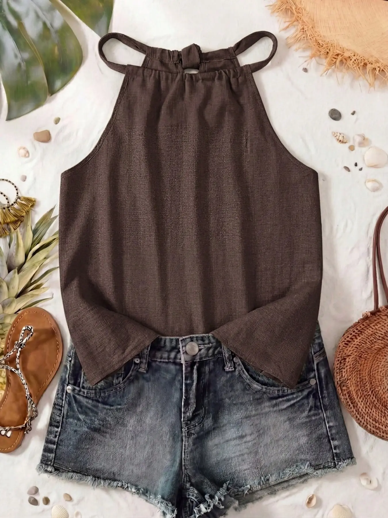 Elegant Style Party New Solid Color Halter Neck Tie Backless Short Top, Casual Comfortable Minimalist Shirt for Women, Summer Commute Vacation Wear