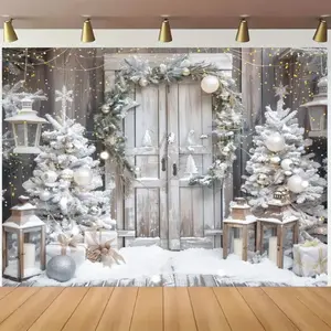 Festive 5x3FT/5x7FT Christmas Backdrop: Winter Snowy Barn Door, Christmas Trees, Gift Boxes, and Lanterns - Indoor Party Decor - Vinyl Material - No Feathers - Suitable for Christmas Parties Ornaments Decoration
