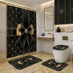 4pcs Black Gold Bow Shower Curtain Set – Soft Thick Fabric with Crystal-Embellished Bow & Geometric Patterns, Valentine’s Day Inspired Bathroom Decor, Extra Plush Bath Mats for Luxurious Comfort
