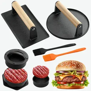 Smash Burger Press Kit - 4 in 1 Stuffed Burger Mold, 2PCS Cast Iron Burger Presses, Sauce Brushes Included - Non Stick Smash Burger Press Set for Grill and Griddle Cooking