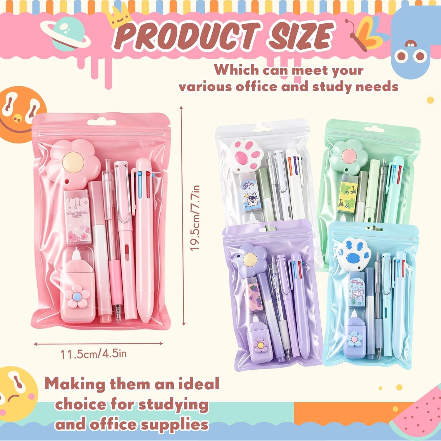 Cute Stationery Set - 7-Piece Aesthetic School Supplies Kit with Ballpoint Pen, Multi-Color Pen, Highlighter, Eraser & Correction Tape for Students, Birthday Gift Ideas, Surprise Gift Suit & Office Desk Decor