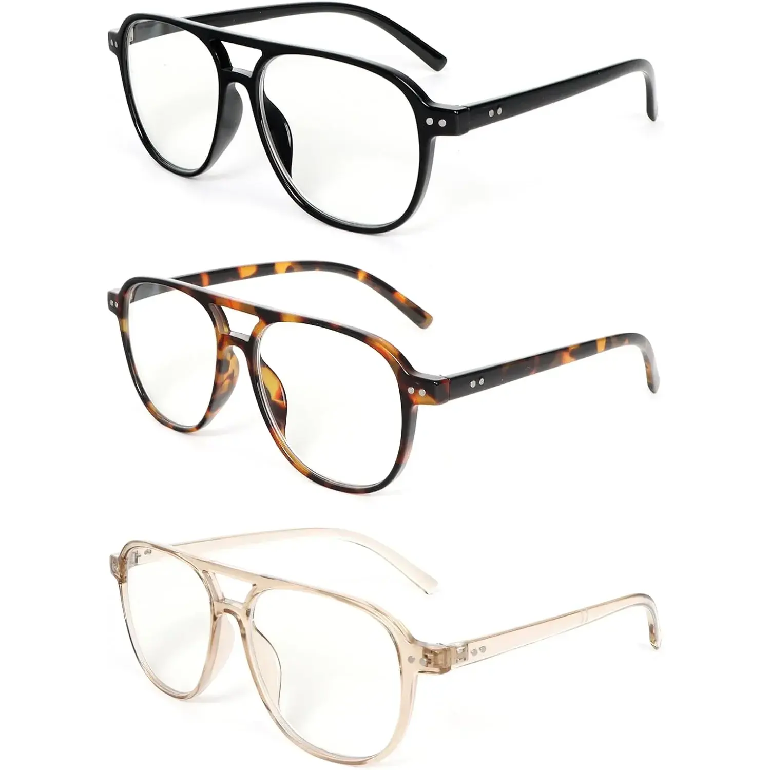Unisex 3-Pack Classic Pilot Aviator Reading Glasses - Black+Blue+Green Mix-Color Set, Blue Light Blocking Fashion Replacement Eyewear for Daily Mix & Match