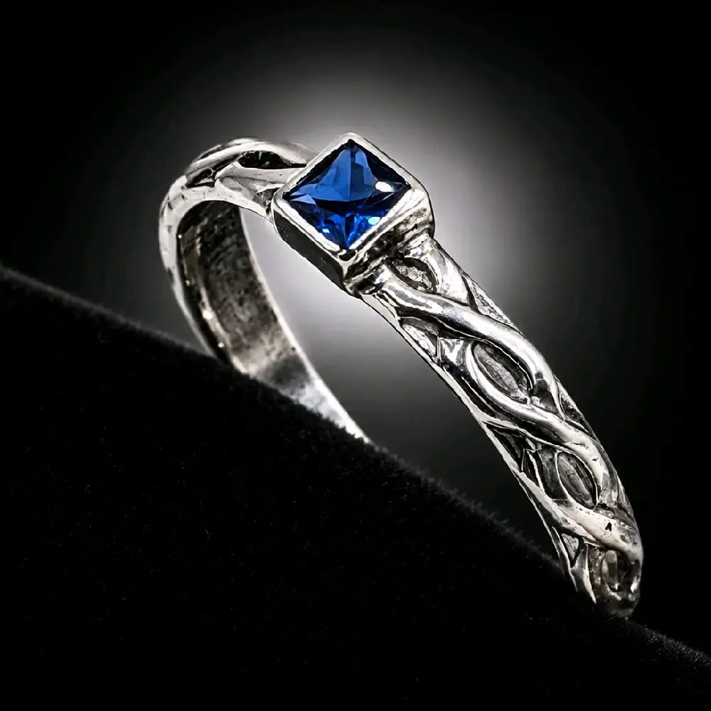Frostfire 925 Sterling Silver Medieval Promise Ring - Princess Cut Lab-Created Blue Sapphire, Handmade, Size 7 Female Everyday Wear Silver Birthstone Ring