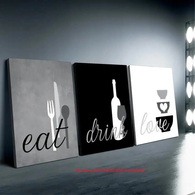 Artistic 3-Piece Waterproof Washable Plastic Border Kitchen Wall Art - 12x18 in Gray, Black, White Minimalist Unframed 2D Canvas Print with "Eat, Drink, Love" Design, 100% Humidity Safe Home Decor for Kitchen, Wardrobe, Kid Room (12-Color Pro Technology)
