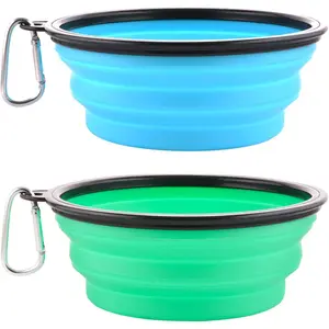 Large Collapsible 34oz 2 Pack Portable Foldable Travel Dog Water Food Bowls with Carabiner Clip for Hiking Walking (Light Blue + Light Green)