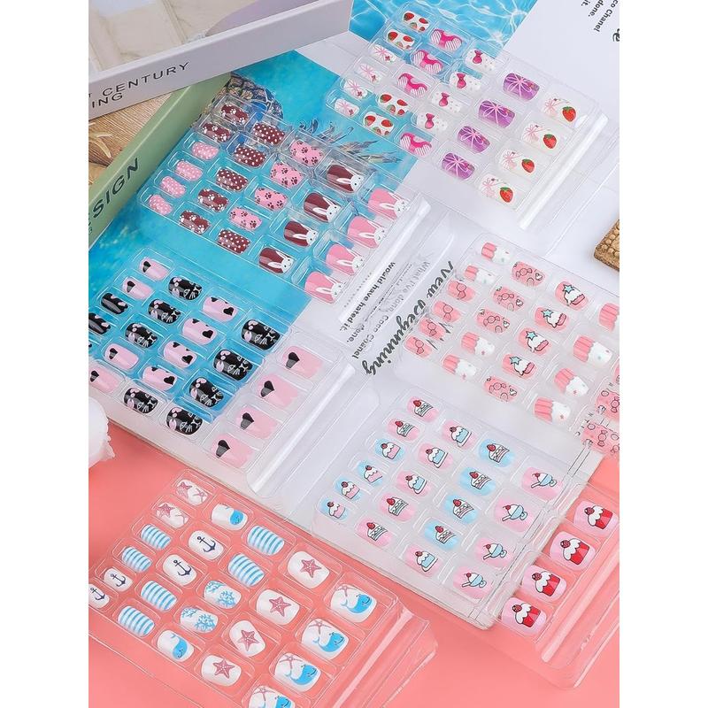 Kalolary 144 PCS Kids False Nail for Girls Gift, Press on Nail Color Short Fake Nails Artificial Nail Full Tips, Lovely Valentine's Day Gift for Little Girls Nail Art Decoration (6 Pack)