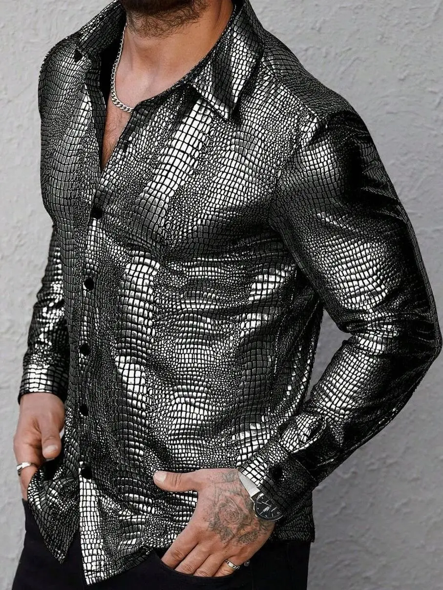 Men's Sequin Snake Skin Print Shirt, Long Sleeve Metallic Clubwear Party Top