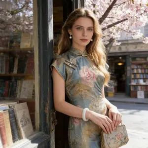 Elegant Pink Lotus Qipao Dress, Cap Sleeve Slim Fit Long Chinese Style Dress