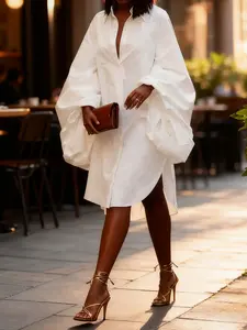 Women's Plain Puff Sleeve Button Front Shirt Dress, Casual High Low Collared Midi Dress for Summer, Ladies Clothes for Daily Wear, Casual Dresses