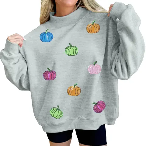 Mntaor Women's Halloween Cozy Sequin Pullover Sweatshirt Tops - Mock Neck, Colorful Embroidered Pumpkins, Soft Sparkly Womenswear for Campus Days, Coffee Runs
