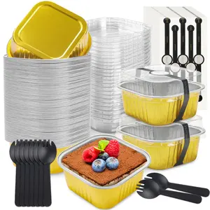50 Pack Mini Cake Pans with Lids and Spoons Aluminum Foil Pans Square Cake Tins for Bakery Party Wedding Bakeware Disposable