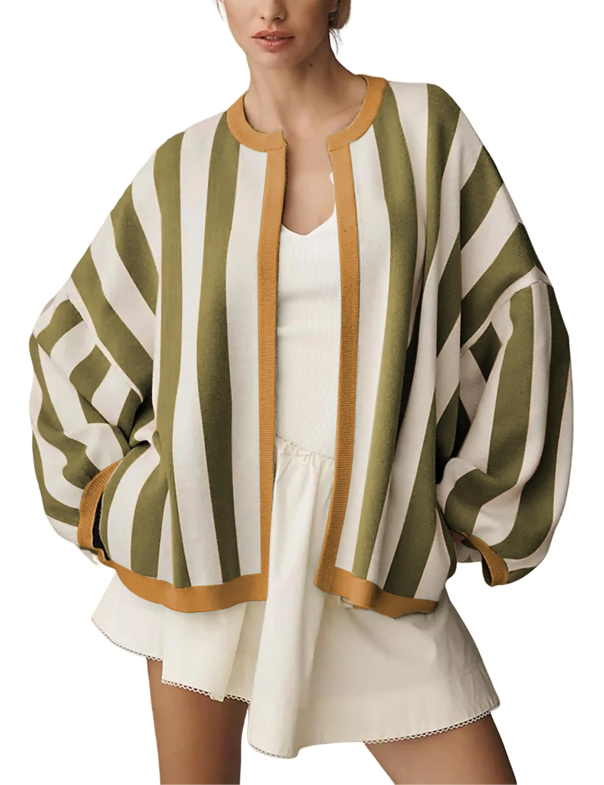 Hixiaohe Womens Casual Loose Fit Striped Open Front Knit Cardigan Long Puff Balloon Sleeves