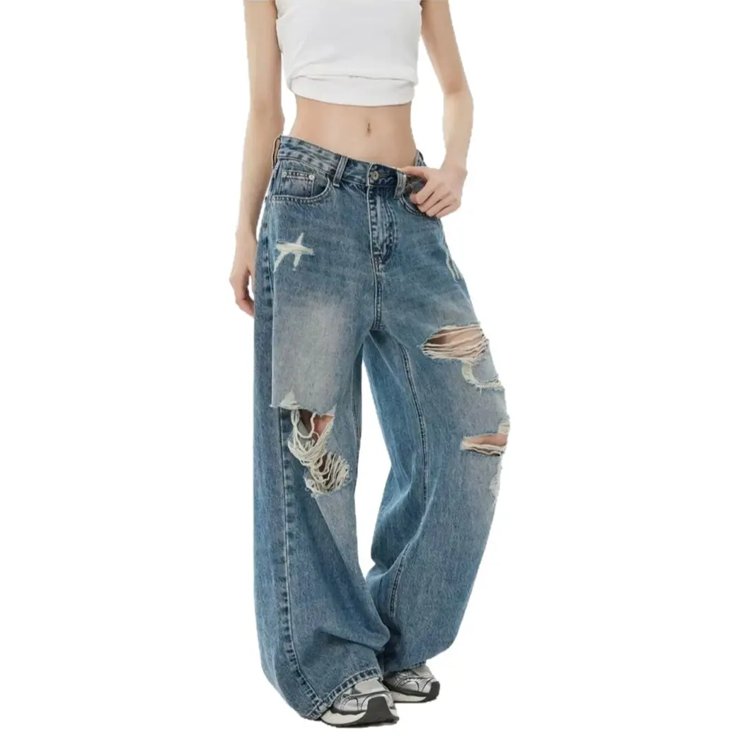Women's Mid-Waist Vintage Wash Ripped Washed Jeans - Loose Fit Elegant Streetwear Long Pants, Elegant Commuter Bottoms Available in 2XL, 3XL