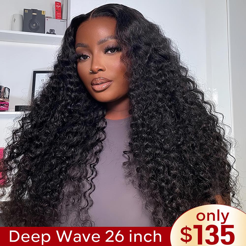 [26‘’ Deep Wave135] Tahikie 13x6 Deep Wave Curly Wigs Human Hair Pre Plucked Pre Cut HD Lace Wigs Ready And Go 7x6 Gluel