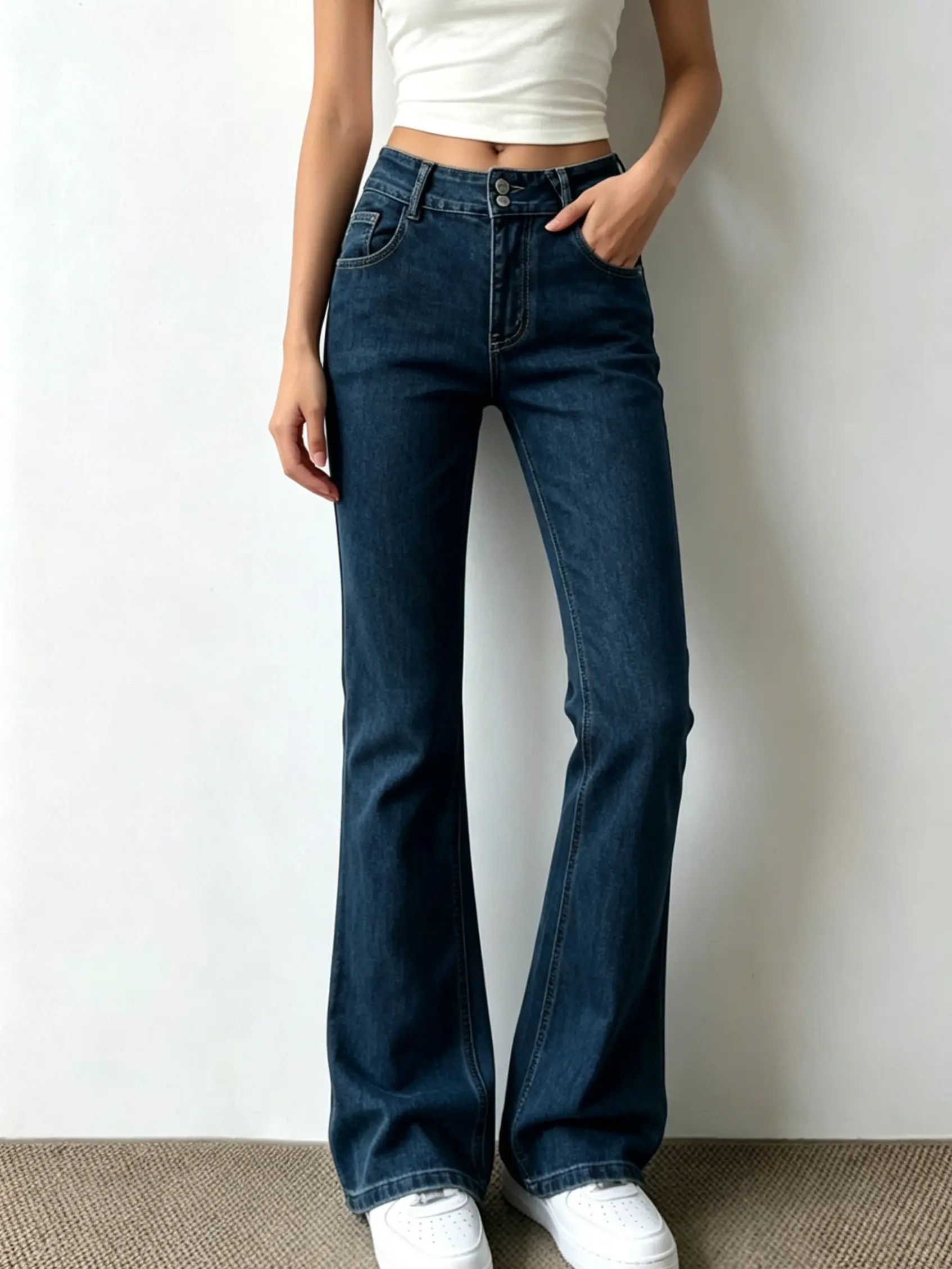 Double Button High Waist Solid Dark Blue Full Length Slim Bootcut Flare Jeans