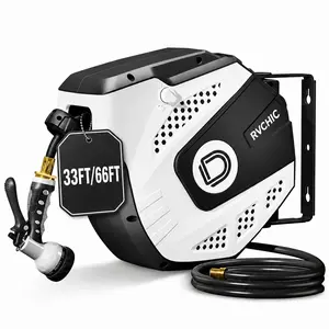 【Father's Day】RVCHIC Retractable Hose Reel 65FT/33FT Garden Water Hose Reel with 9-Pattern Spray Nozzle, 180° Swivel Bracket Wall Mounted, Auto Rewind, Lock Any Length, Slow Return System for Yard Patio Car Wash