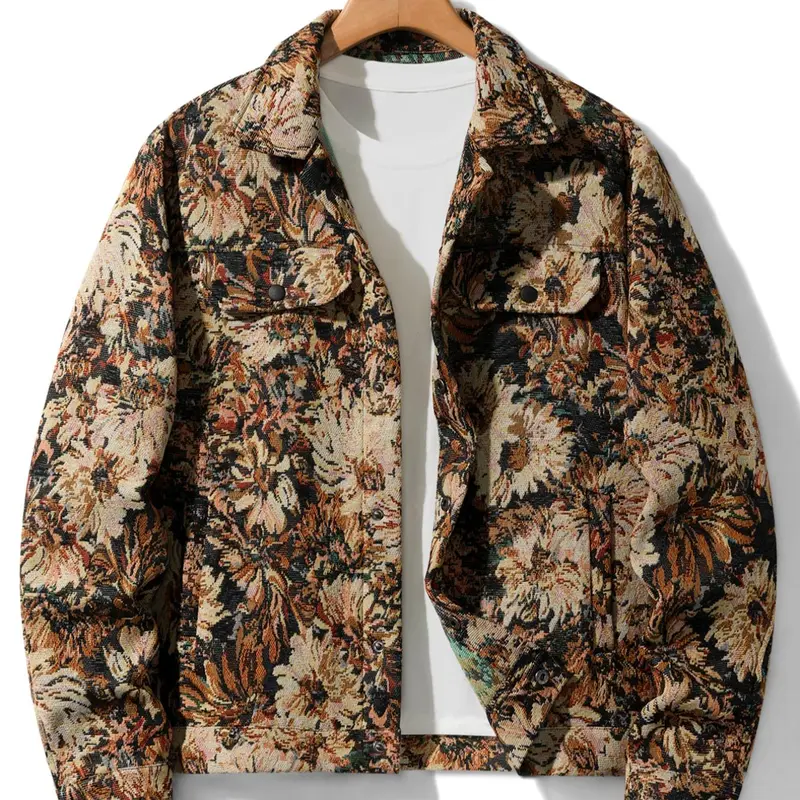 Men's Floral Print Festive Button Front Fitted Jacket Coats, Regular Fit Casual Long Sleeve Collared Outerwear for Fall & Winter, Men's Clothes for Daily Wear Fabric