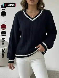 Women's Contrast Binding Drop Shoulder Cable Knit Sweater, Tops, Casual Long Sleeve V-Neck Jumper for Spring & Fall, Chic Fashion Knitwear for Daily Wear