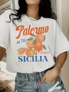 Women's Oversized Palermo Graphic T-Shirt Sicilia Italy Vacation Tee Retro Coastal Granddaughter Summer Top