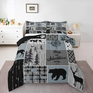 Cabin Rustic Lodge Bedding,Bear Deer Vintage Comforter Set,Country Farmhouse Patchwork Duvet Insert, Woodland Geometric Plaid Patchwork Down Comforter