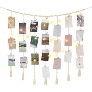 Macrame Hanging Photo Display Wall Decor with String Lights, Boho Wooden Beads Garland Collage Picture Card Frame Holder with 45 Clips for Bedroom Living Room Dorm, Christmas Gifts for Teen Girls