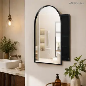 24x36 in ARCH Arched Recessed Medicine Cabinet, Metal Frame Bathroom Wall Cabinet with Mirror, Adjustable Shelf, Easy Assembly, Included Parts, Wall-Mounted Storage, Matte Black, Mirror Wall Decor, Bathroom Wall Decor