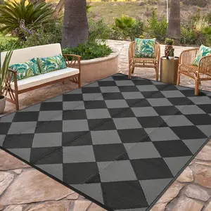 Outdoor Rug 320GSM PP Tube Woven Patio Area Rug, Modern Large Diamond Grid Black & White Outdoor Carpet for Deck Balcony Porch camping