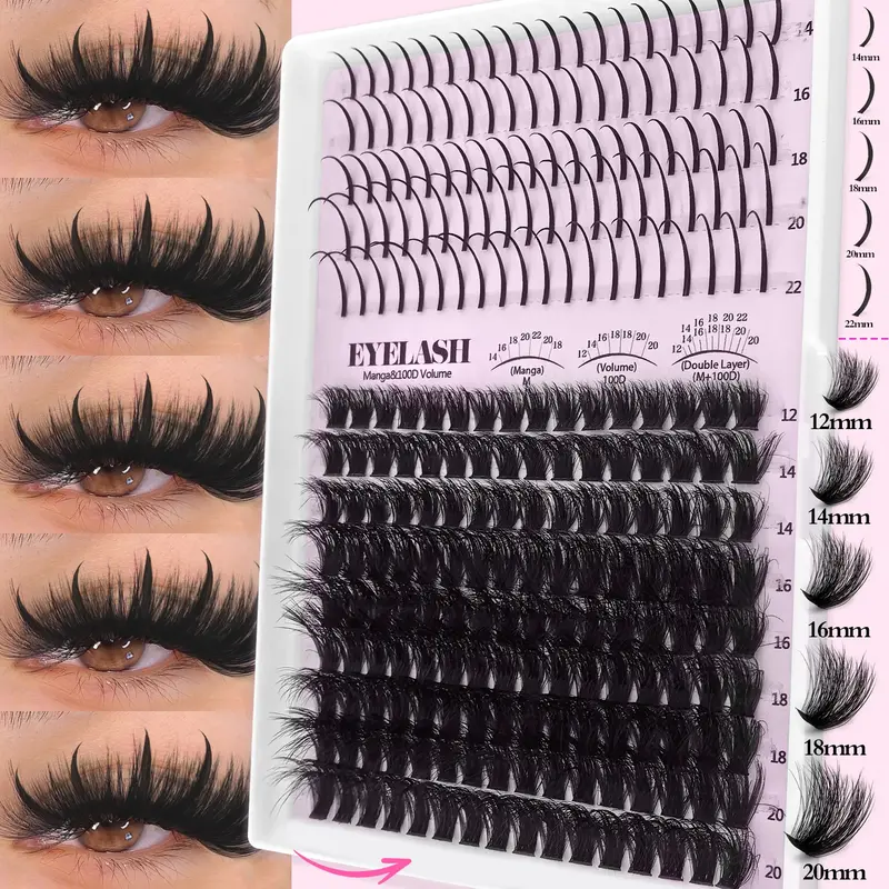 235/800Pcs Spike Eyelash Cluster, Eyelash Extensions Set, 100D Lashes, Mixed Lengths 12-20mm Volume Thick Manga Eyelash Extensions, 5D D Curl Single Lash, Volumized Fake Eyelashes, False Eyelashes, Reusable & Soft False Eyelashes, Diy Individual Lashes
