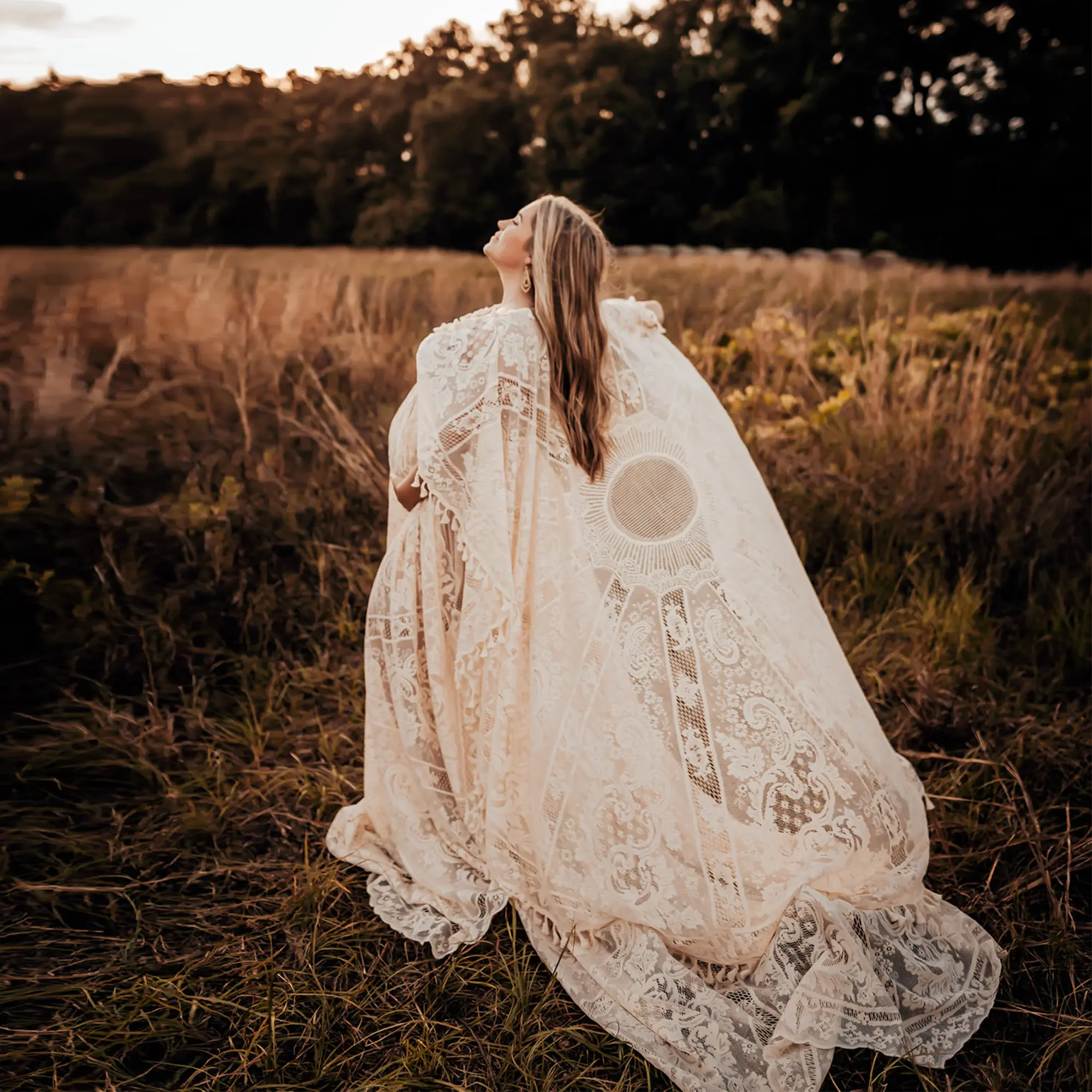 BOHO Beige Lace Dress with Cape Maternity or Non-maternity Gown Dresses for Photo Shoot Baby Shower Gift