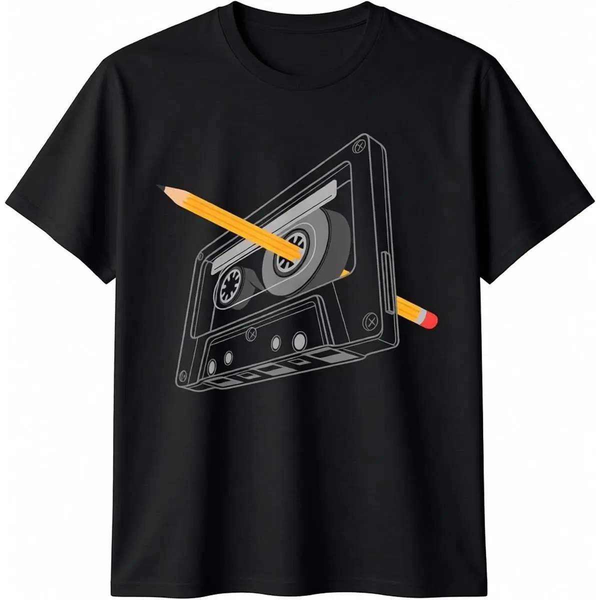 Men's Cotton Round Neck Short-Sleeve T-Shirt - Classic Streetwear Menswear, Vintage 80s 90s Cassette Pencil Graphic Rewind Gift Casual Tshirt
