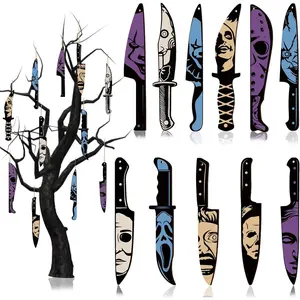 X-SO55 12pcs Horror Movie Decor Knife Hanging Halloween Tree Decorations - Wooden Halloween Ornaments Knife Shaped Pendants for Halloween Decorations Indoor Tree Window Wall Decor Gift Light
